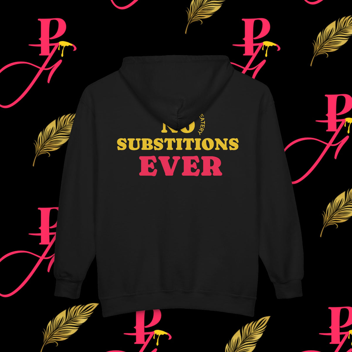 No Substitutions Ever | Phat Fuk Eatery | Bold Retro Graphic Full-Zip Hoodie | J Lea Designs