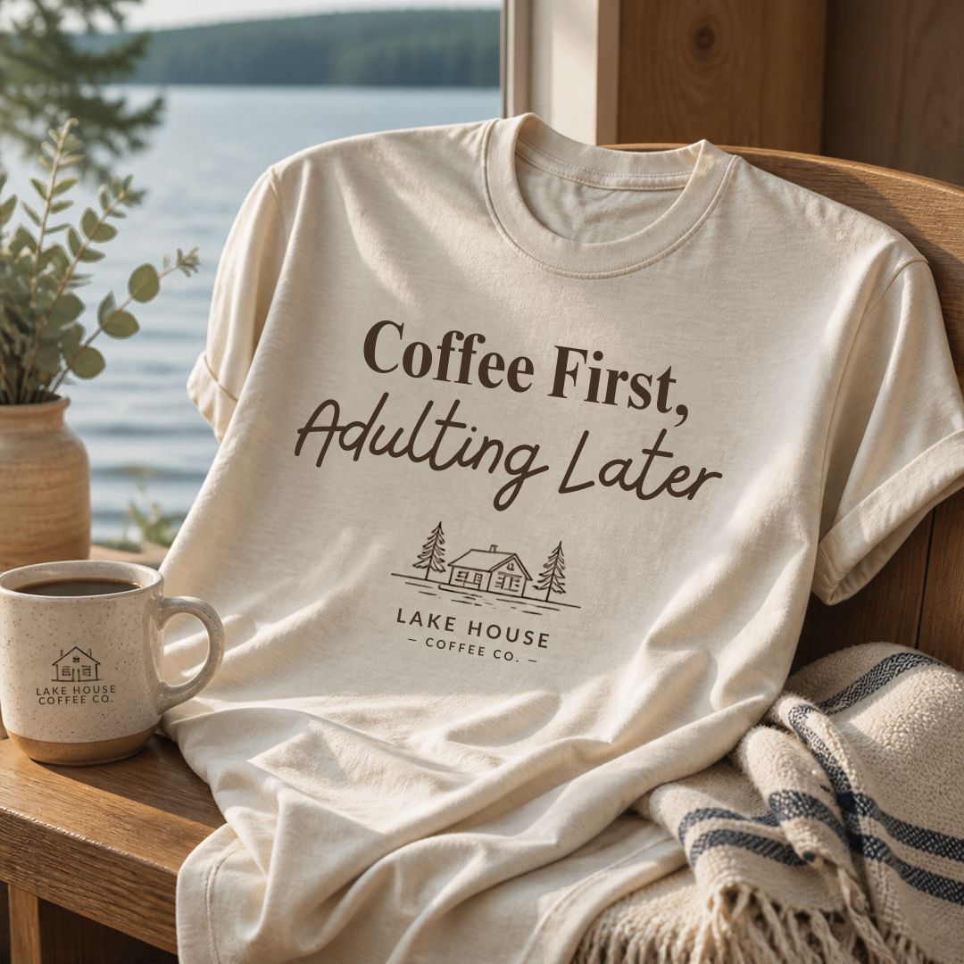 Coffee First, Adulting Later T-Shirt - Lake House Coffee Co.