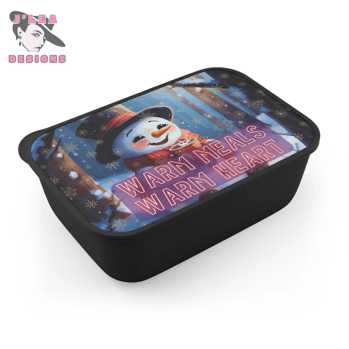 Cozy Snowman Bento Box by J’Lea Designs – Limited-Edition with Printed Affirmation for Heartfelt Nourishment - Black