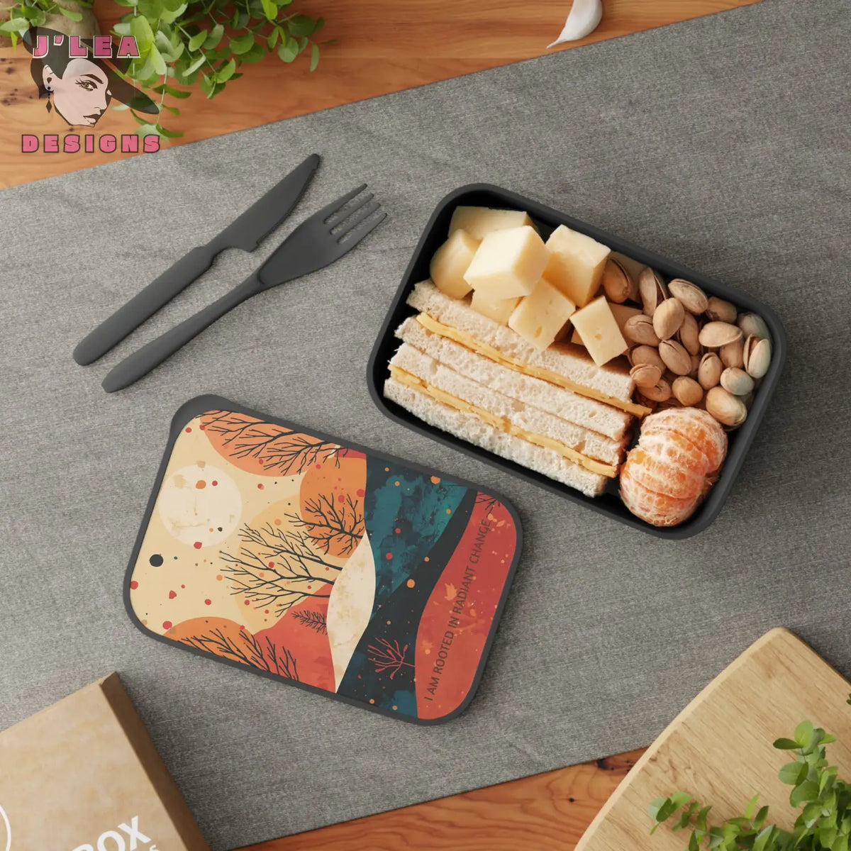 Gratitude Between Worlds by J’Lea Designs - Transformative Eco-Friendly Bento Box with Abstract Tree Design