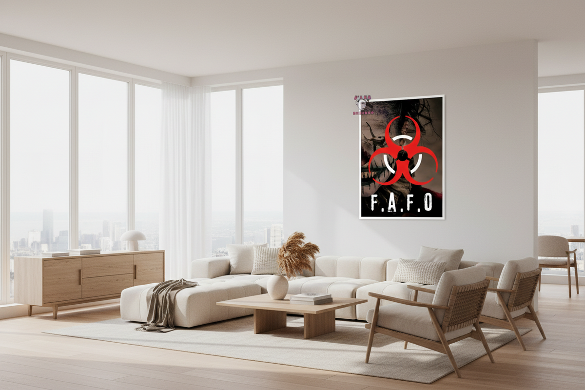 Modern living room with a white sofa, coffee table, and chairs. A framed poster with a biohazard symbol and 'F.