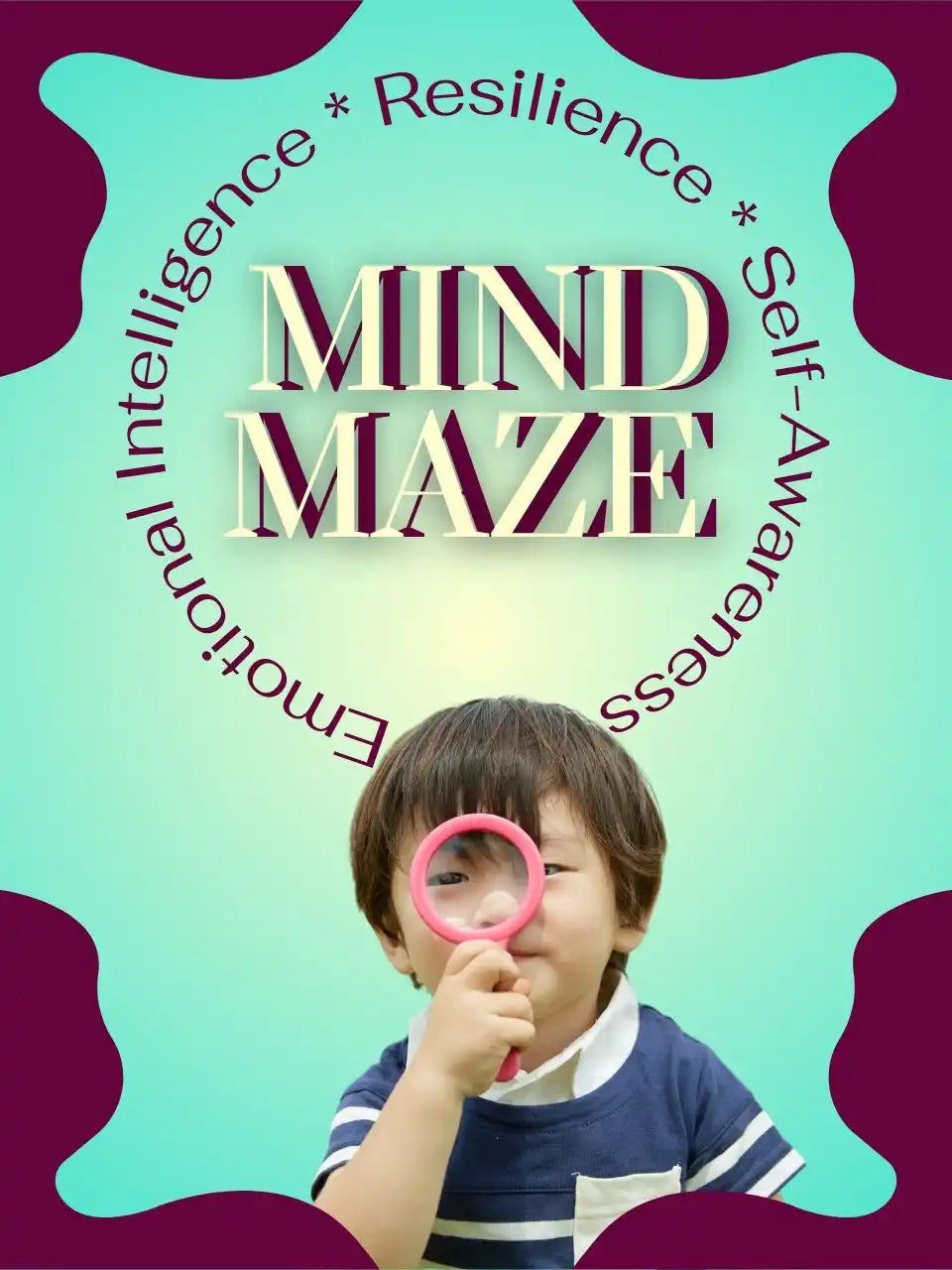 Graphic Design by J'Lea Designs featuring a young boy with a magnifying glass over his eye surround by wavy, purple design elements.