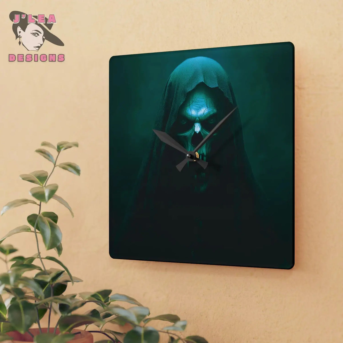 The Hollow Watcher Timekeeper Acrylic Square Wall Clock by J Lea Designs mockup image 2