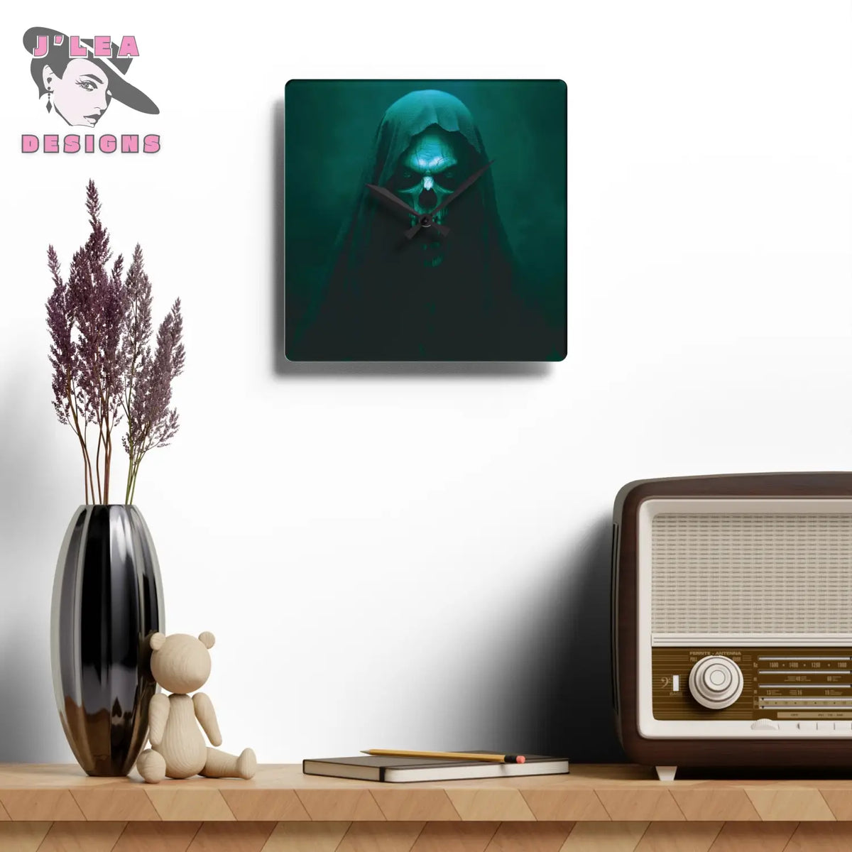 The Hollow Watcher Timekeeper Acrylic Square Wall Clock by J Lea Designs mockup image 4