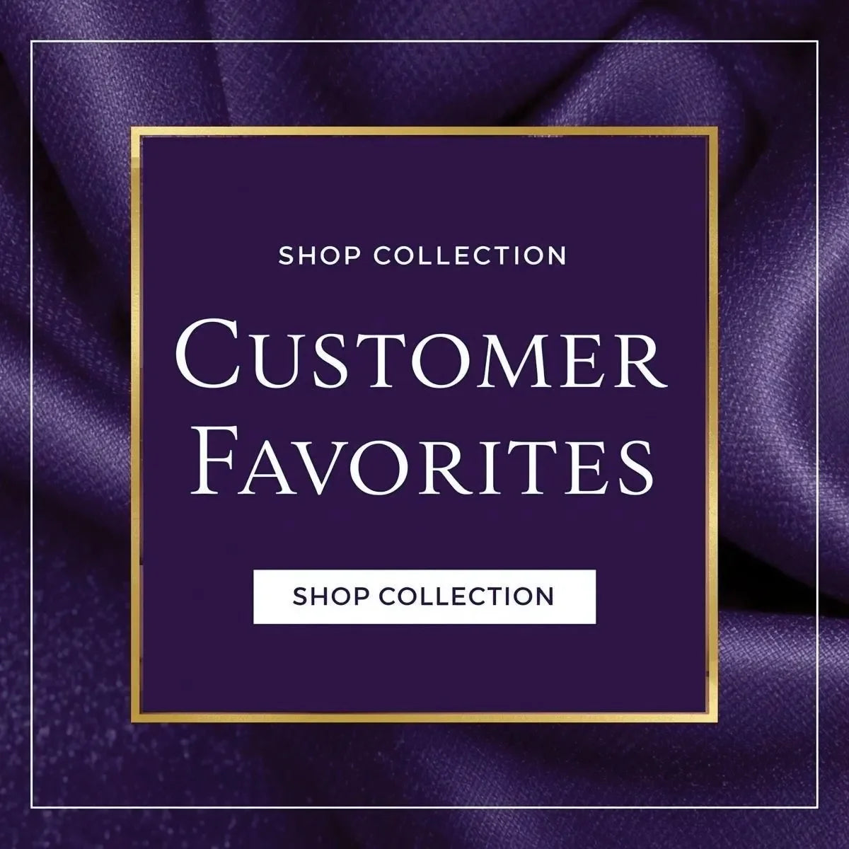 Circular ‘Customer Favorites Collection’ graphic on a dreamy purple and white abstract background with soft bokeh lights and gold accents.
