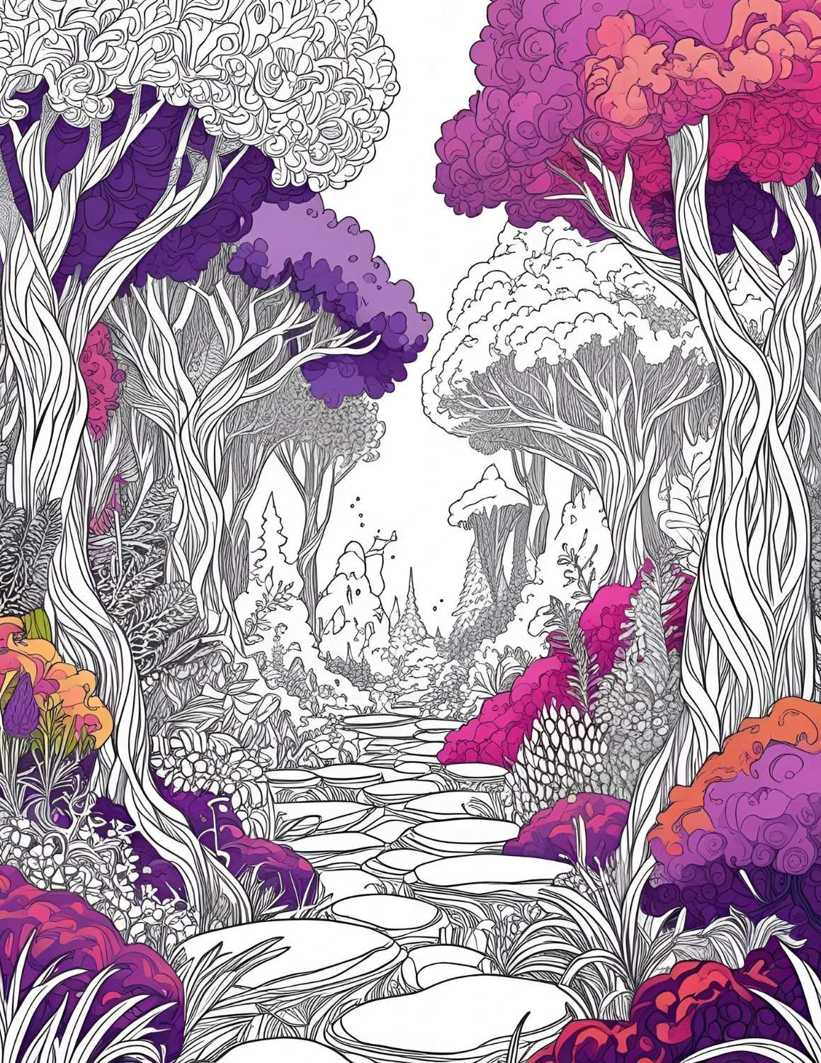 A magical forest with colored highlights that pop.