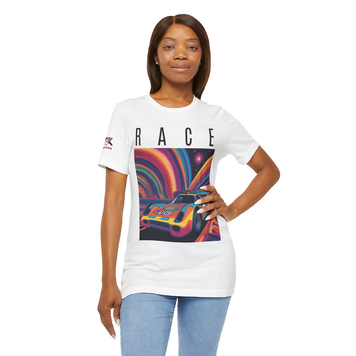 RACE | Psychedelic Themed | AI-generated Race Car | Adult | Unisex | Bella Canvas Jersey Tee