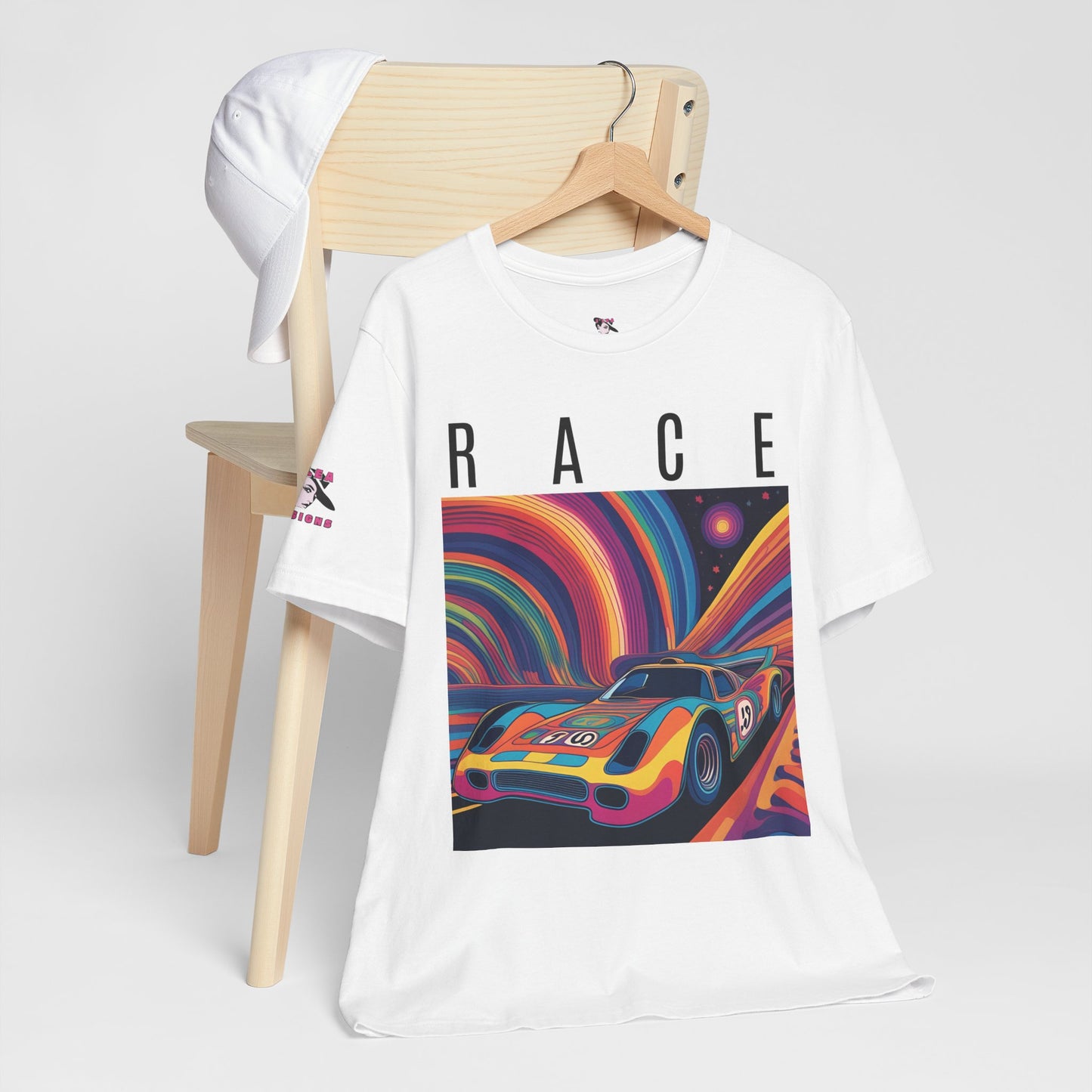 RACE | Psychedelic Themed | AI-generated Race Car | Adult | Unisex | Bella Canvas Jersey Tee