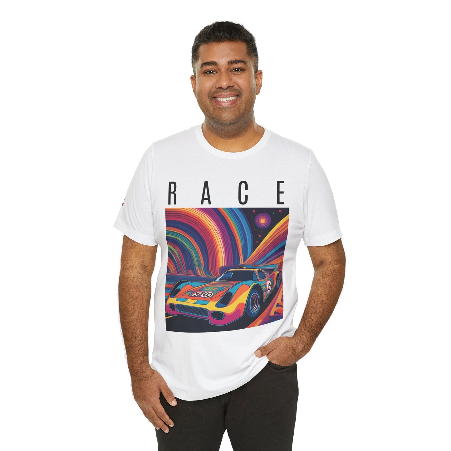 RACE | Psychedelic Themed | AI-generated Race Car | Adult | Unisex | Bella Canvas Jersey Tee