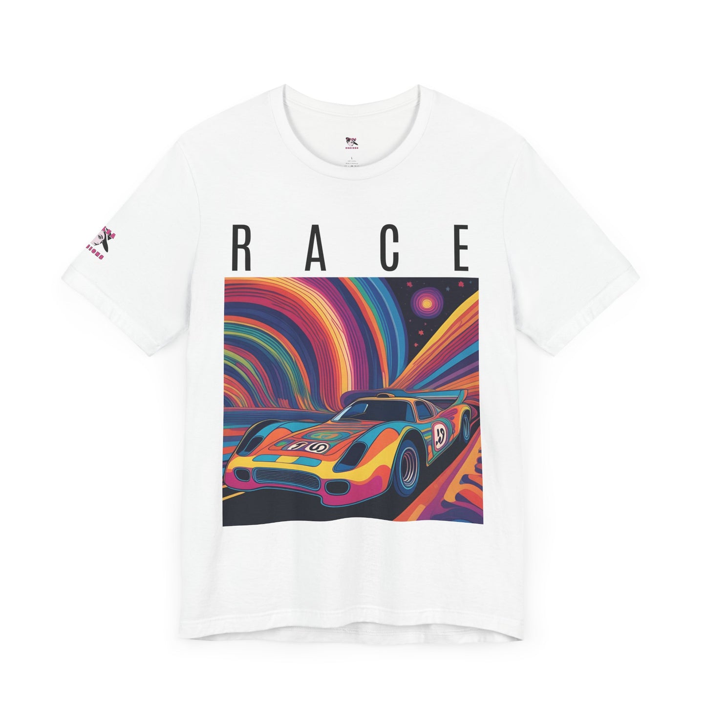RACE | Psychedelic Themed | AI-generated Race Car | Adult | Unisex | Bella Canvas Jersey Tee