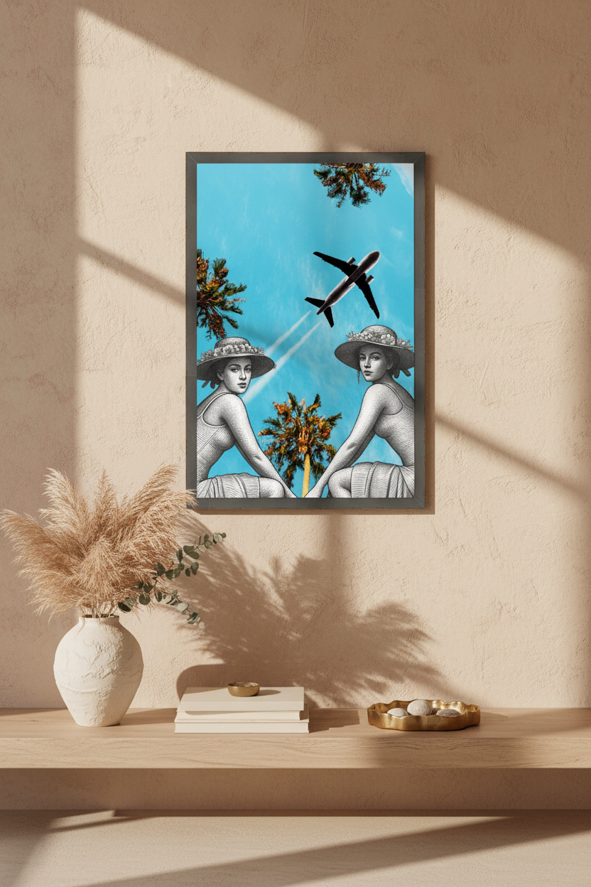 Framed artwork of two women in hats with a plane flying above them against a blue sky.