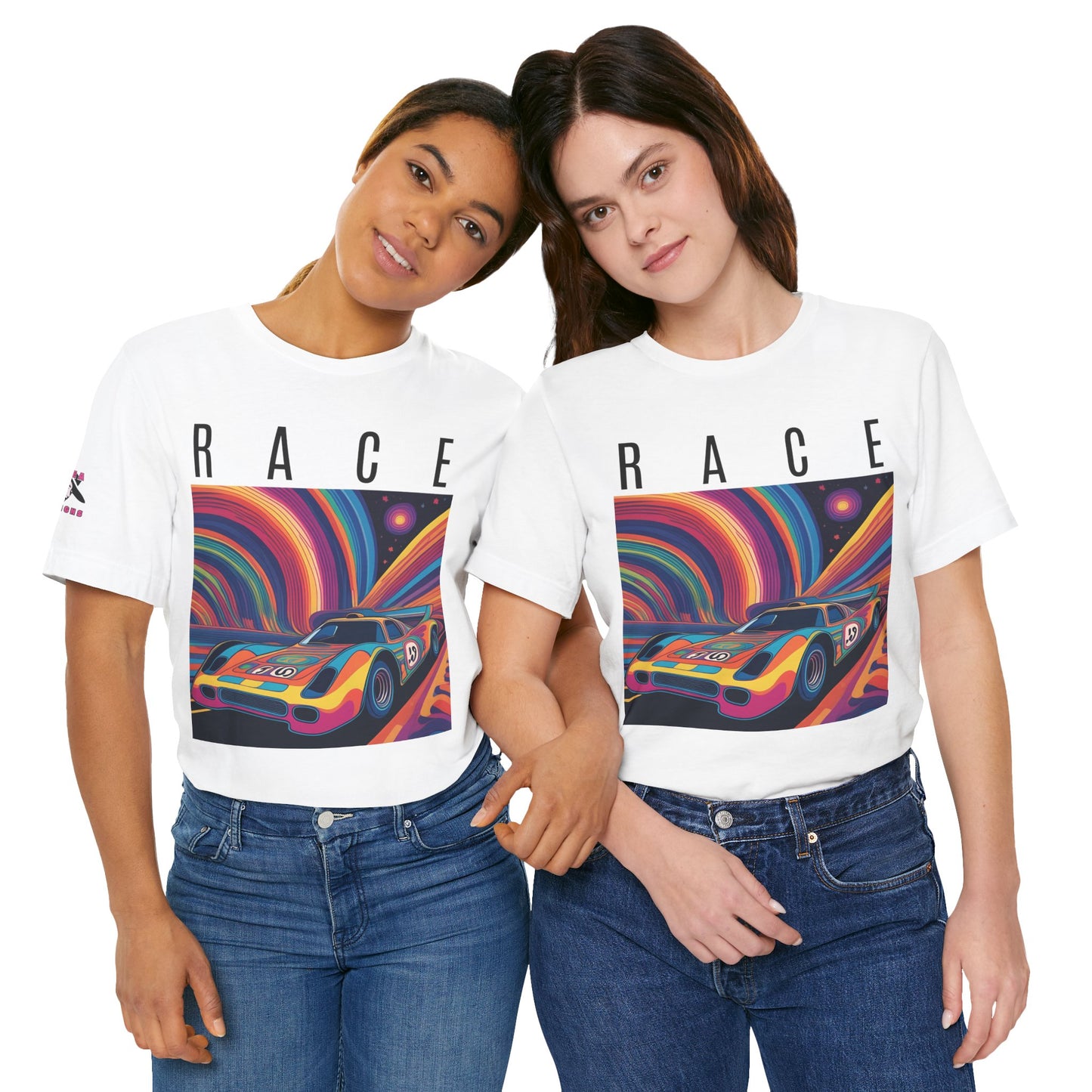 RACE | Psychedelic Themed | AI-generated Race Car | Adult | Unisex | Bella Canvas Jersey Tee