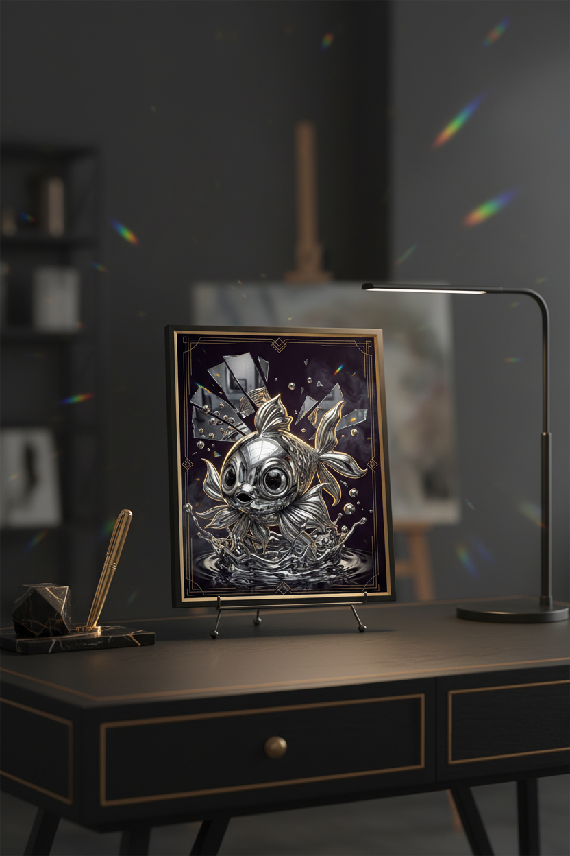 A framed art print featuring a detailed silver metallic fish illustration on a dark purple background, displayed on a black desk with a lamp and pen in a dark room.