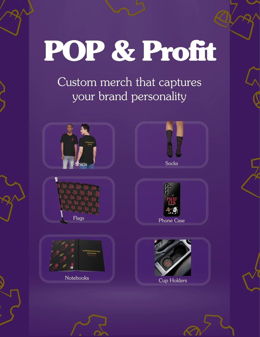 Promotional graphic for 'POP & Profit' with customizable merchandise options on a purple background.