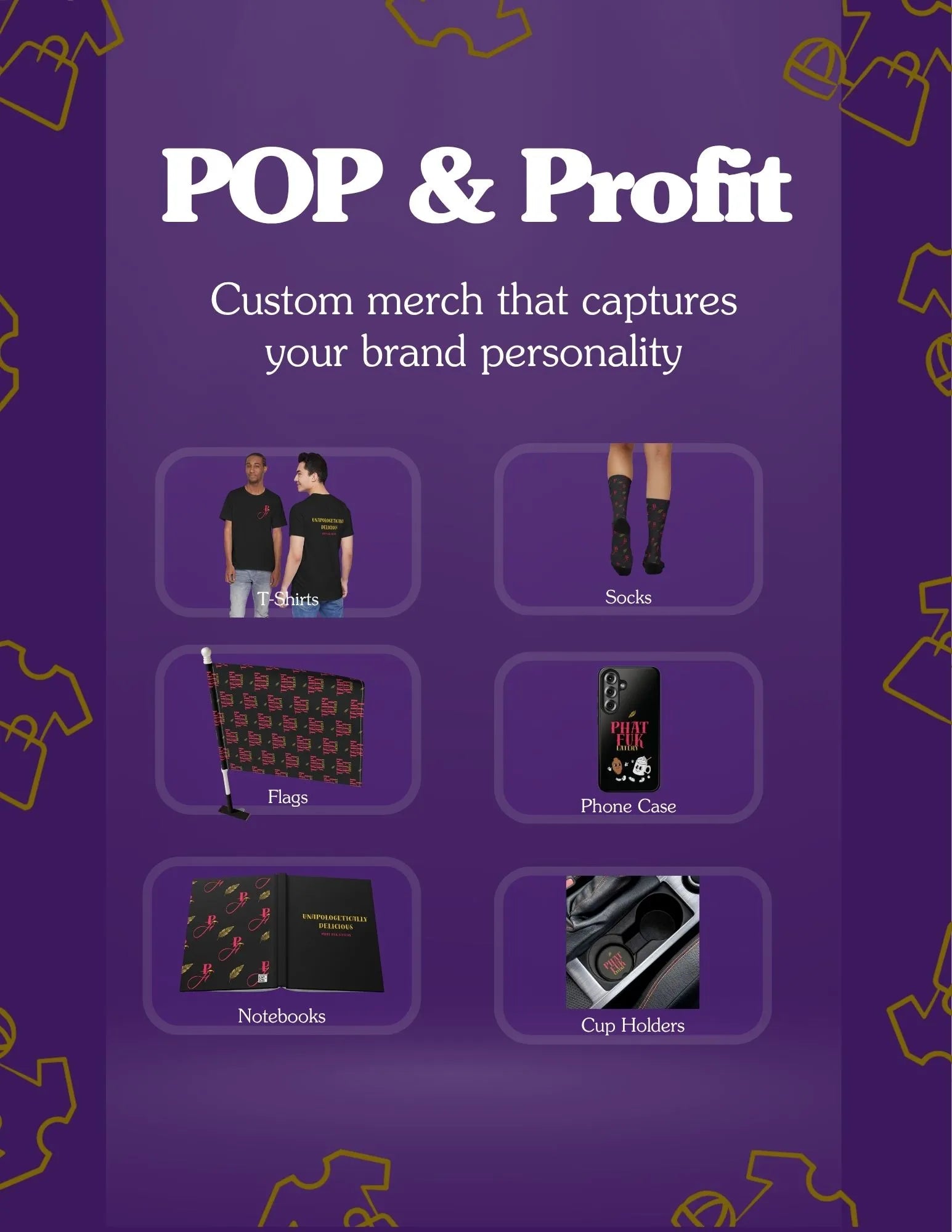 Promotional graphic for 'POP & Profit' with customizable merchandise options on a purple background.