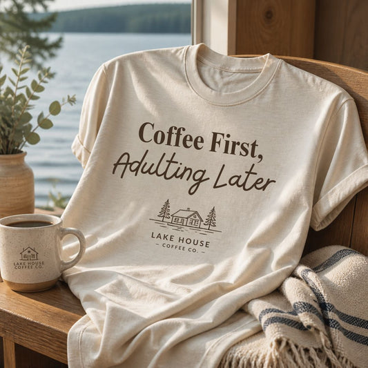 Coffee First, Adulting Later T-Shirt - Lake House Coffee Co.