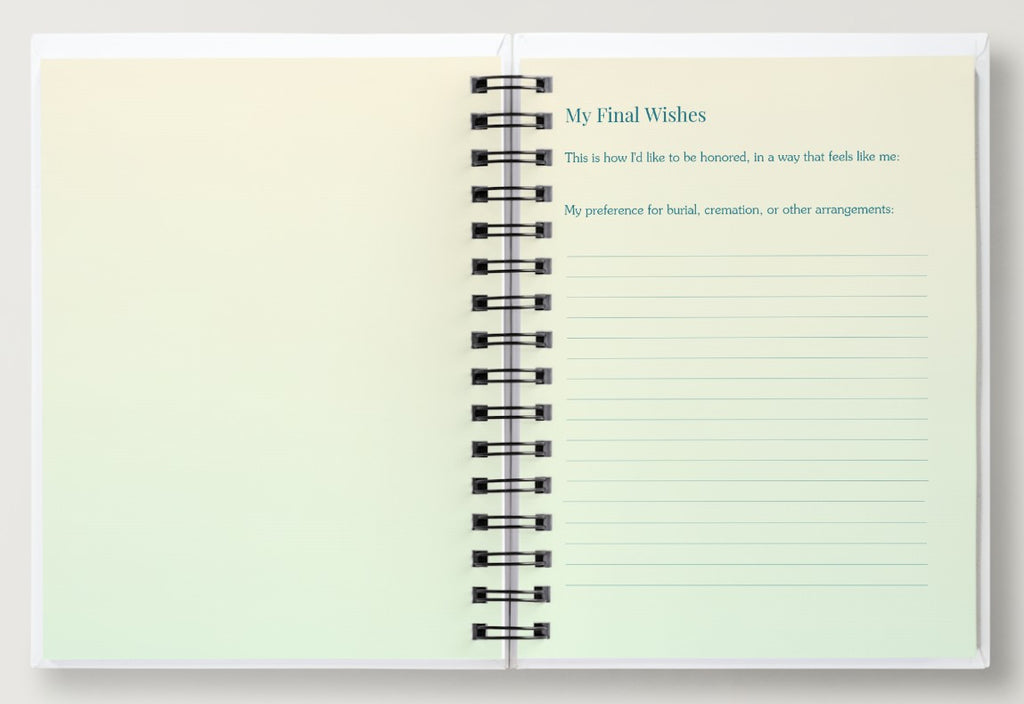 Open notebook with lined pages and text on a light green background