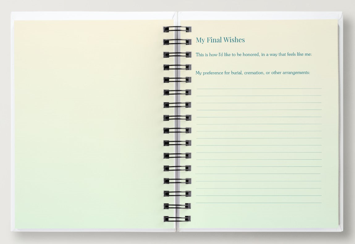 Open notebook with lined pages and text on a light green background