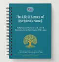 Blue notebook with a yellow tree design and text on a white background