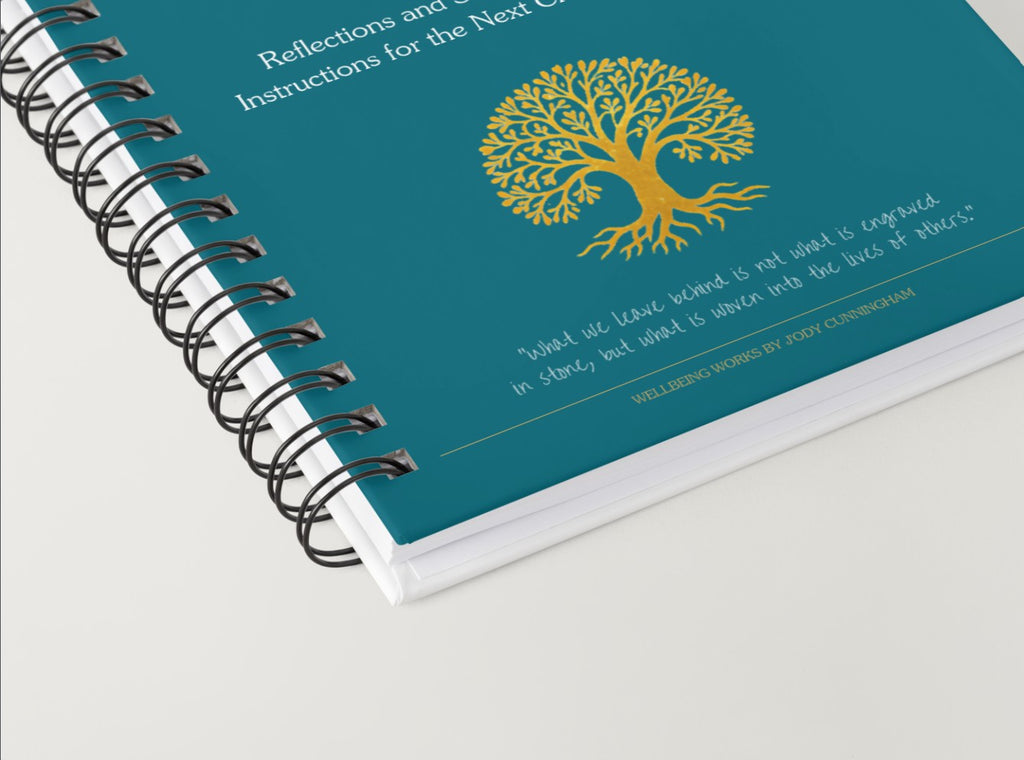 Notebook with a tree design and text on a white background