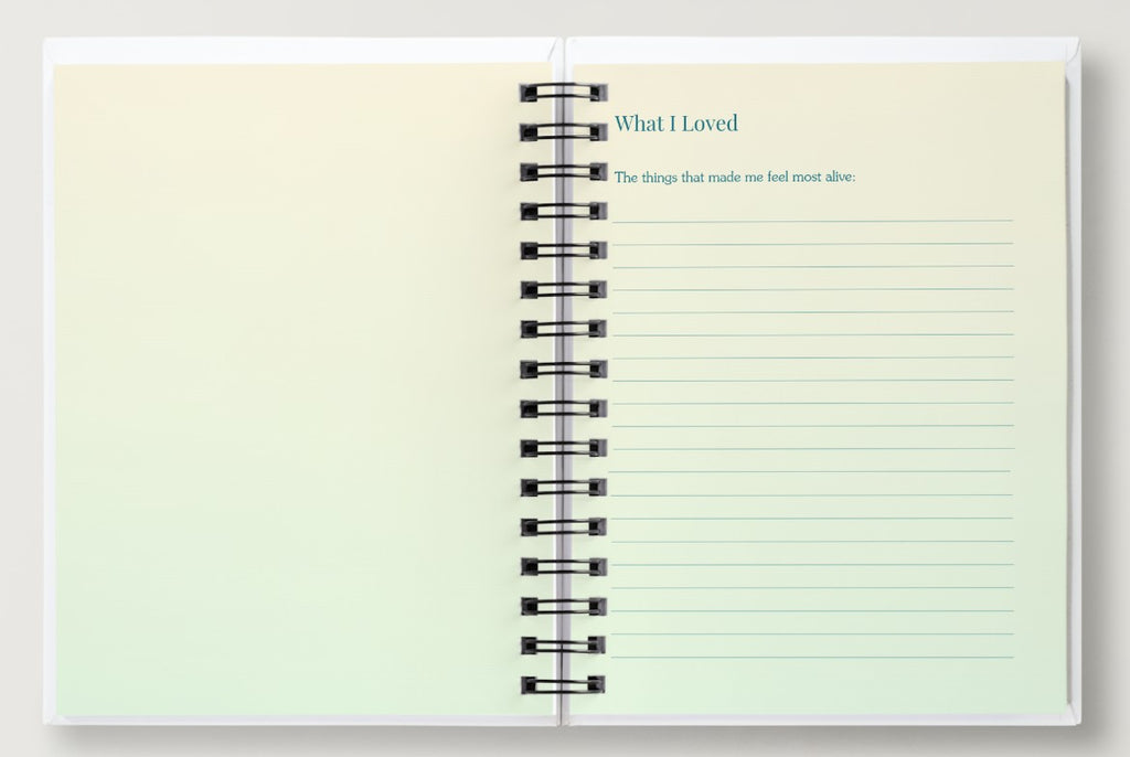 Open notebook with lined pages and text on a light green background