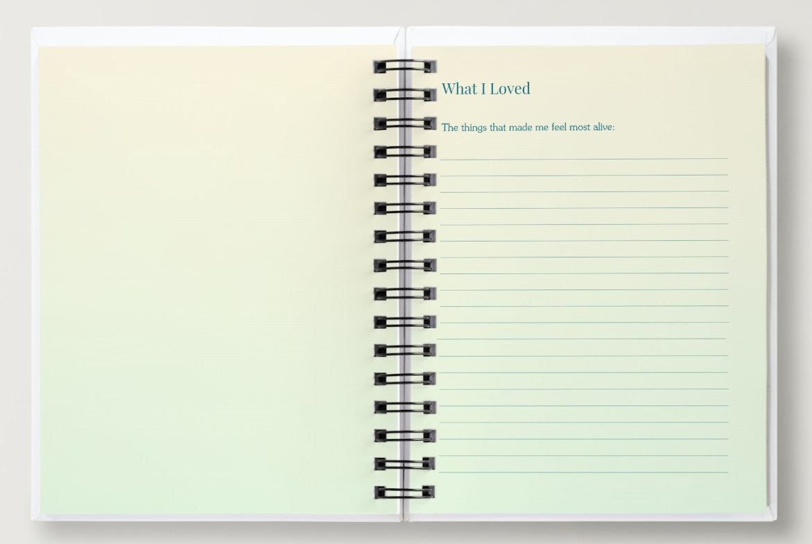 Open notebook with lined pages and text on a light green background