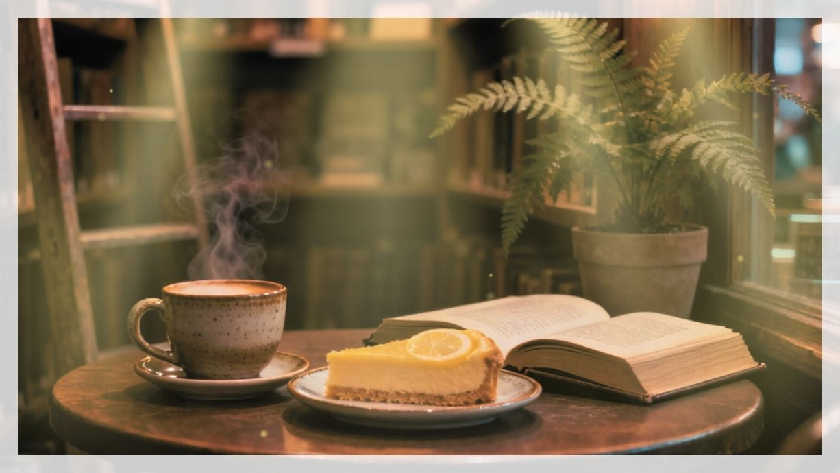 Steaming cup of coffee, cake, and open book on a table with a blurred background