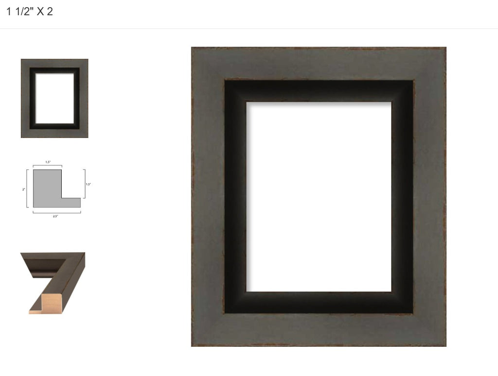 Black picture frame with dimensions and design details on a white background