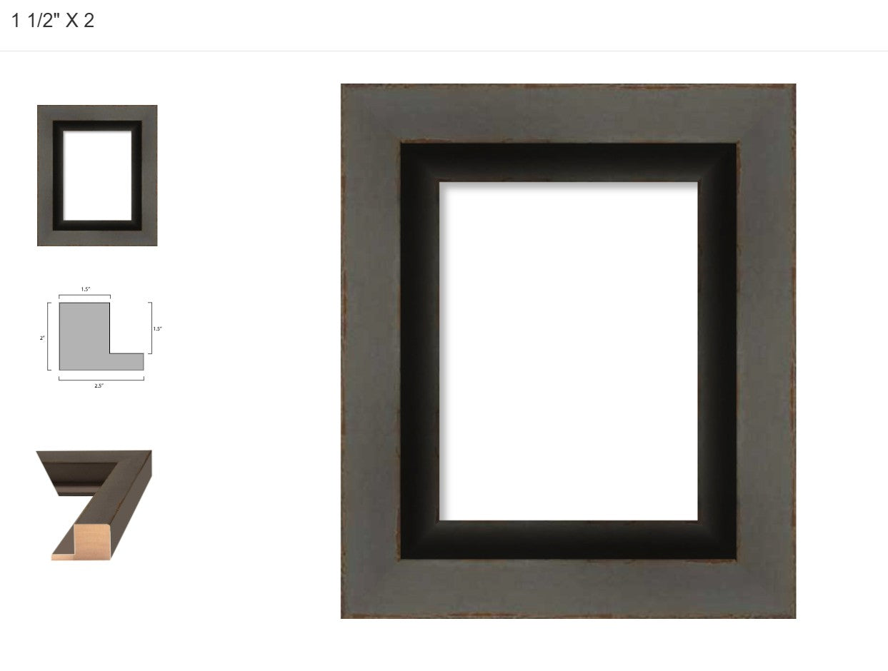 Black picture frame with dimensions and design details on a white background