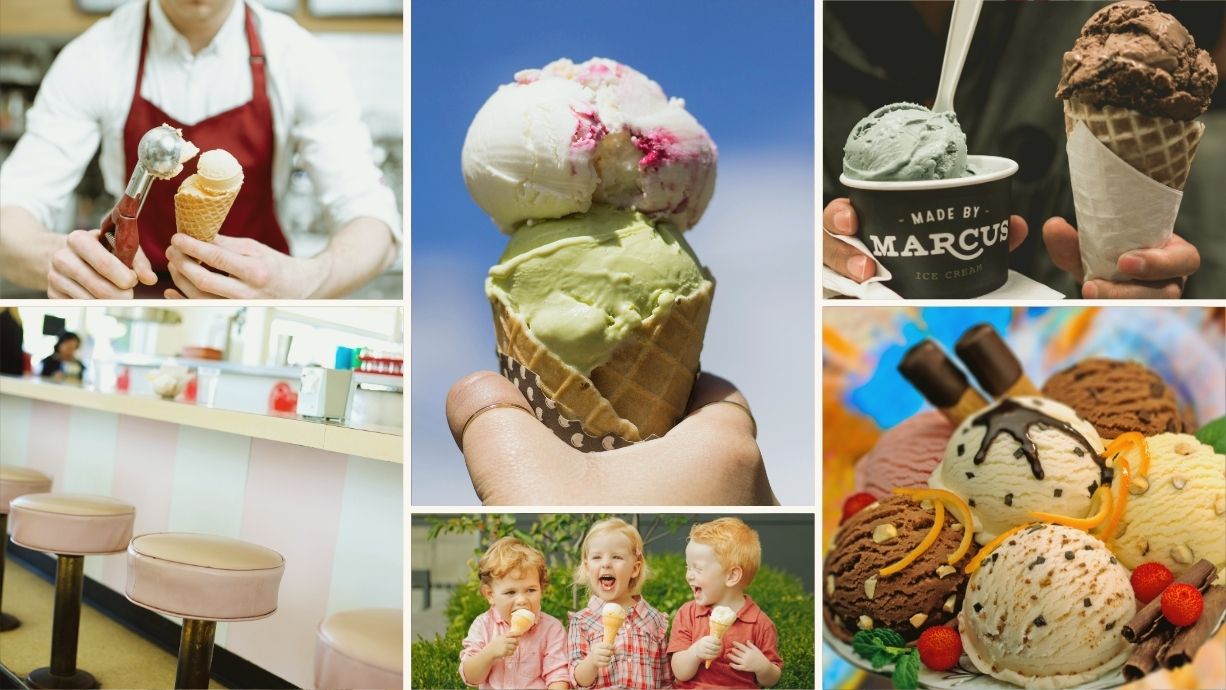 Collage of ice cream images including a person in an apron, ice cream cones, and a bowl of ice cream.