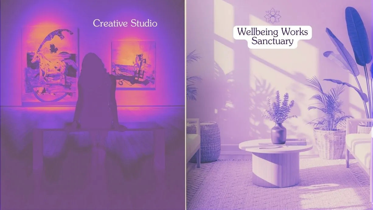 Two contrasting scenes labeled 'Creative Studio' and 'Wellbeing Works Sanctuary' with decorative elements.