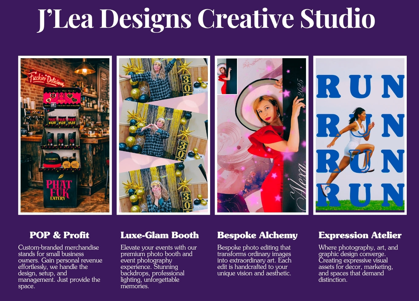 Promotional graphic for J'Lea Designs Creative Studio with various services and examples.