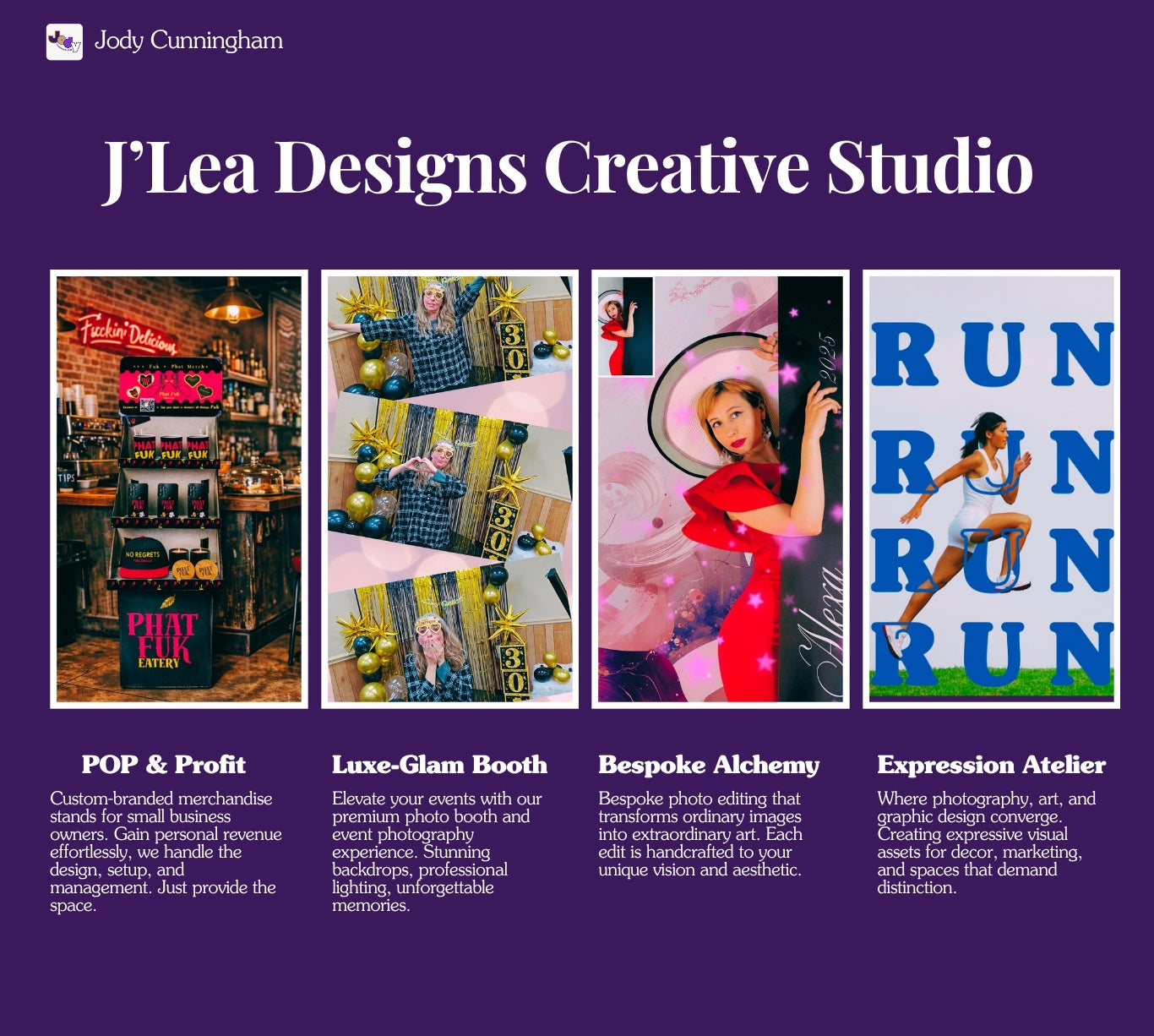 Promotional graphic for J'Lea Designs Creative Studio with various services and examples on a purple background.