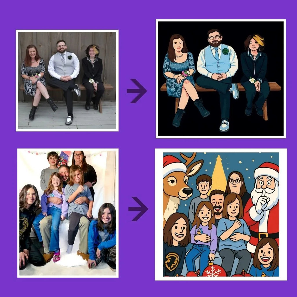 Before and after comparison of a family photo with cartoon-style illustrations on a purple background.