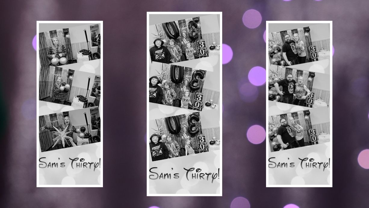 Three vertical banners with black and white photos and 'Sam's Thirty!' text on a purple background with bokeh effect.