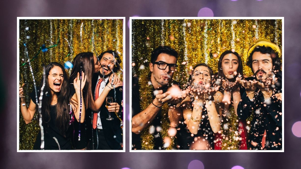 Two photos of a group of people celebrating with confetti against a glittery backdrop.