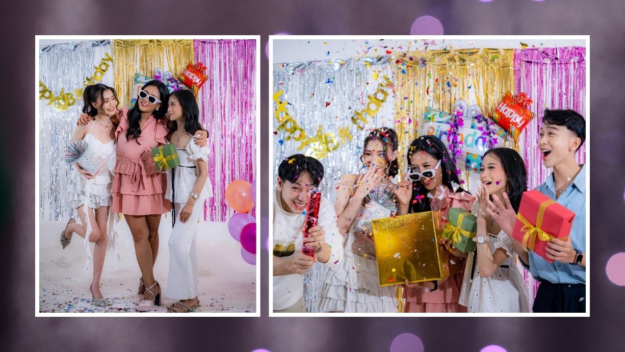 Two side-by-side images of a group celebration with people, balloons, and gifts against a festive background.