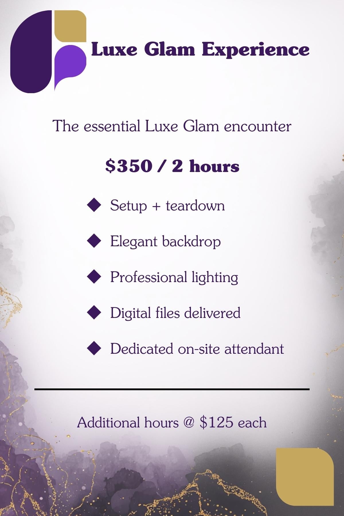 Promotional flyer for Luxe Glam Experience with pricing and services listed.