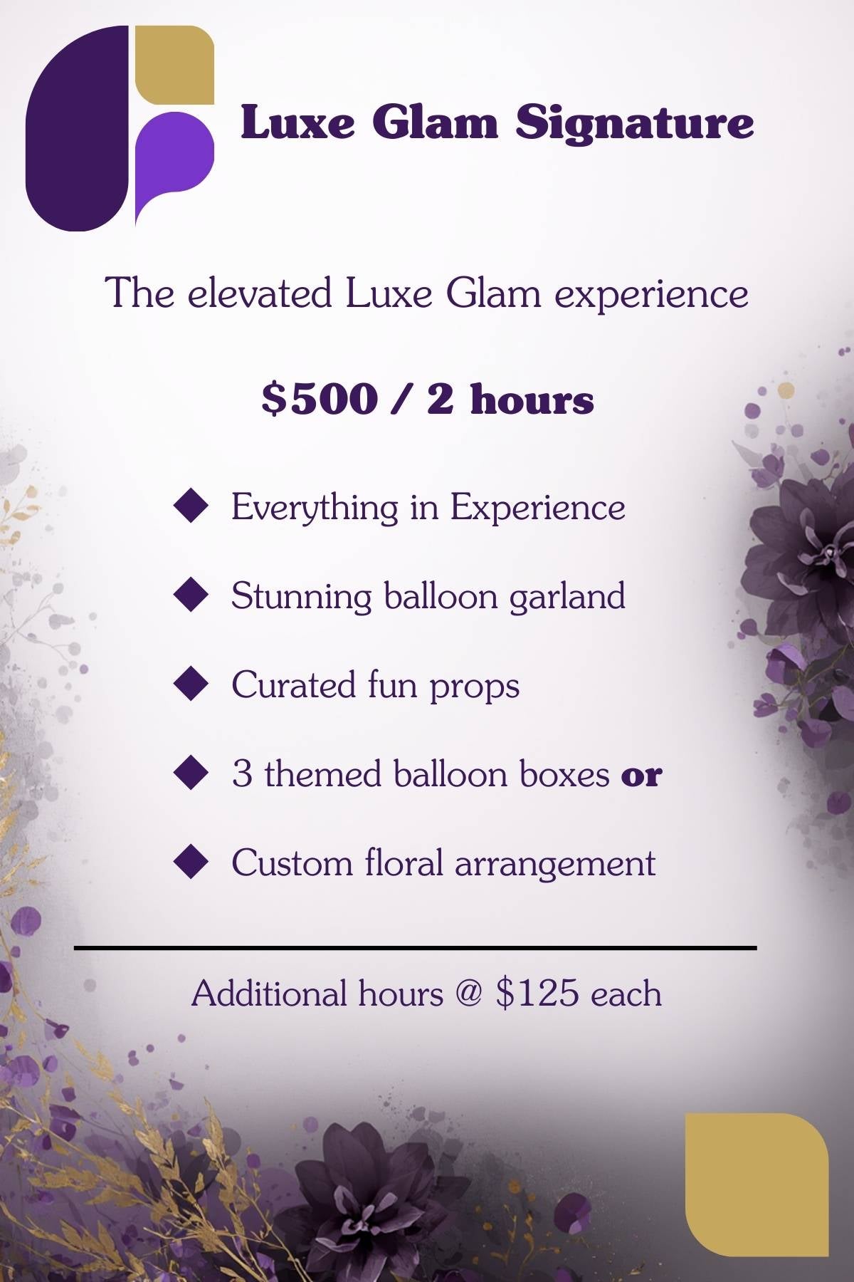 Promotional flyer for Luxe Glam Signature service with pricing and details on a purple floral background.