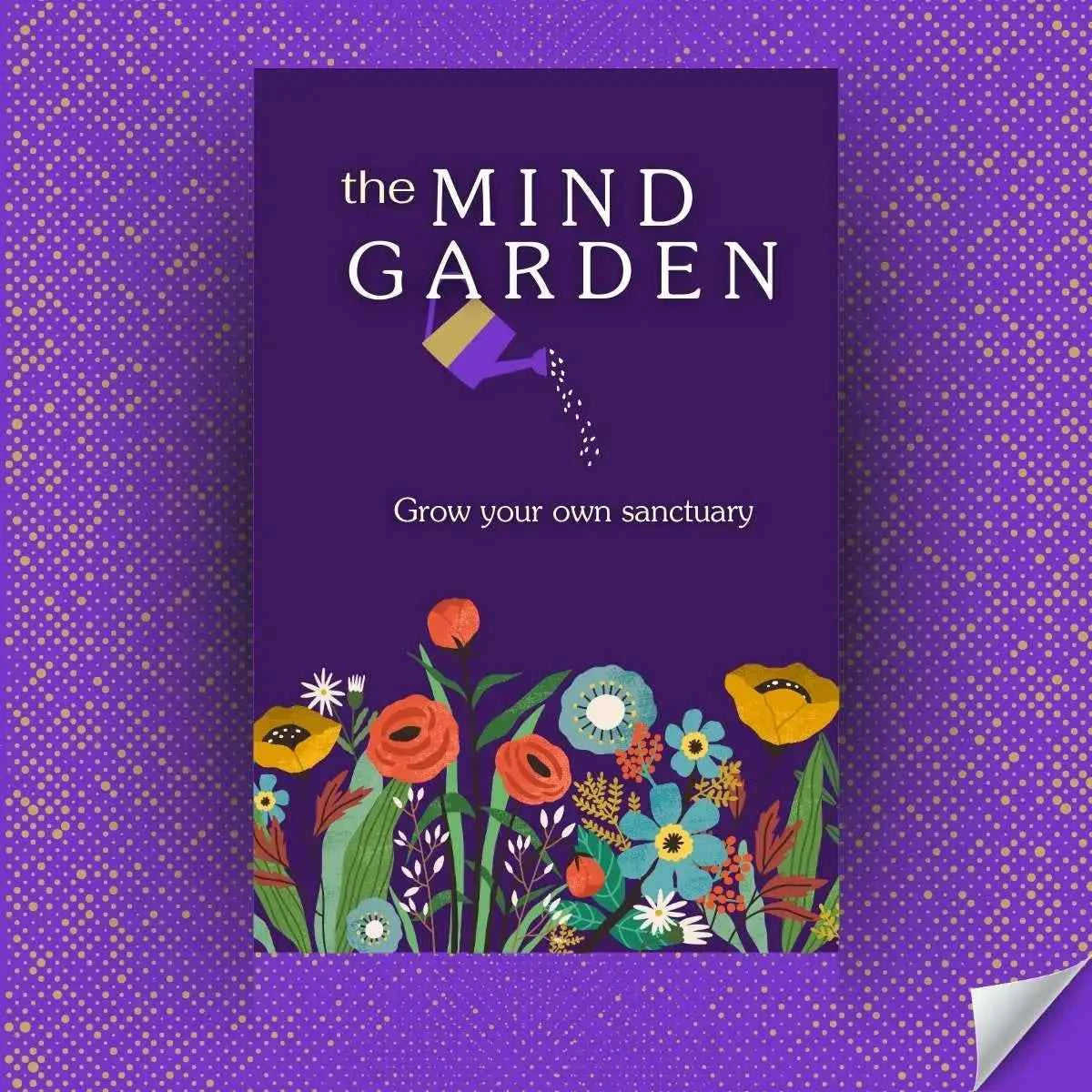 Book cover like image of 'The Mind Garden' with colorful floral design on a purple background