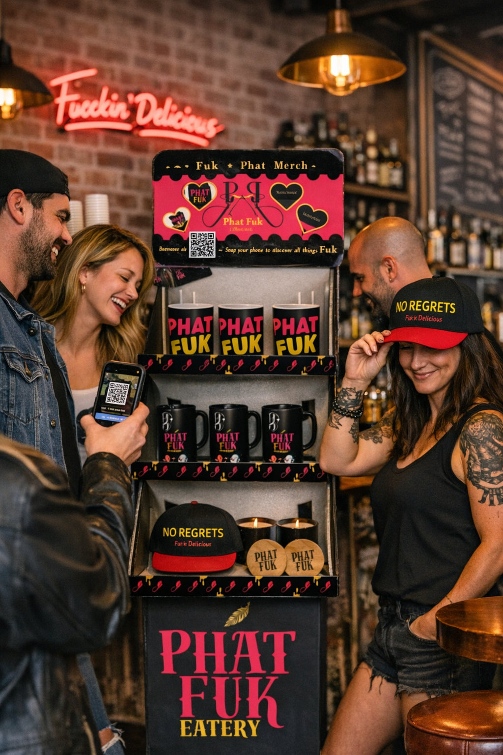 People interacting with a 'Phat Fuk' branded stand inside a bar or eatery.