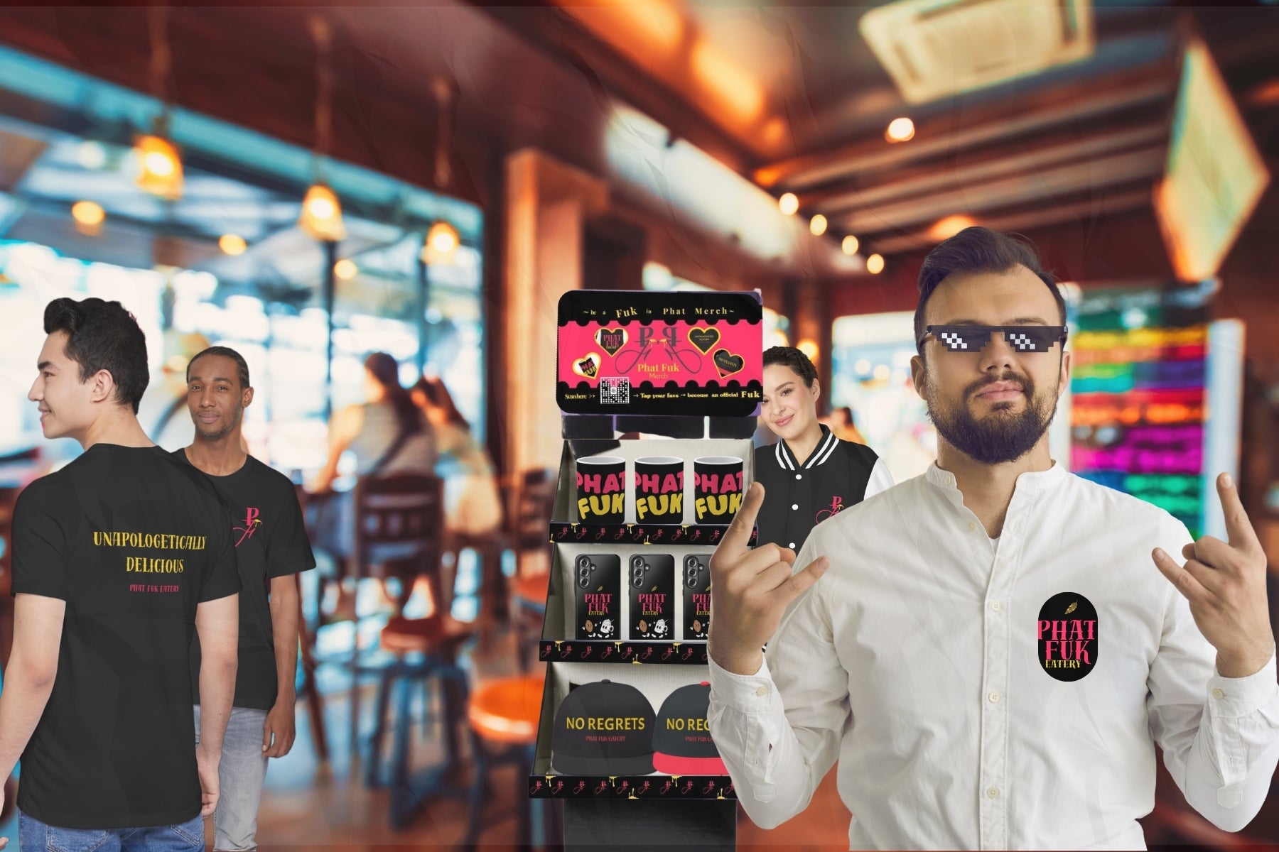 Man in a white shirt with a brand logo in a blurred restaurant setting