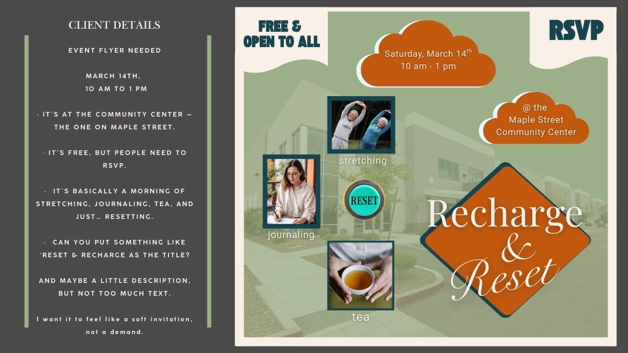 Event flyer for 'Recharge & Reset' at the Maple Street Community Center with details and images of activities.