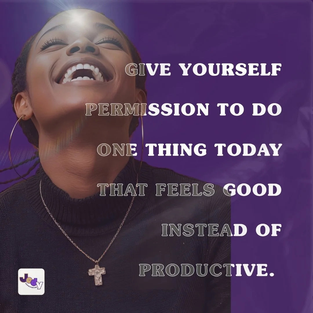 Woman laughing with a motivational quote on a purple background