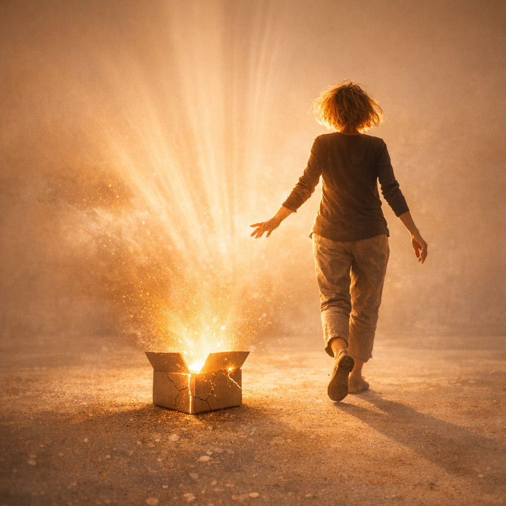 Person walking towards a glowing box in a misty, warm-toned setting