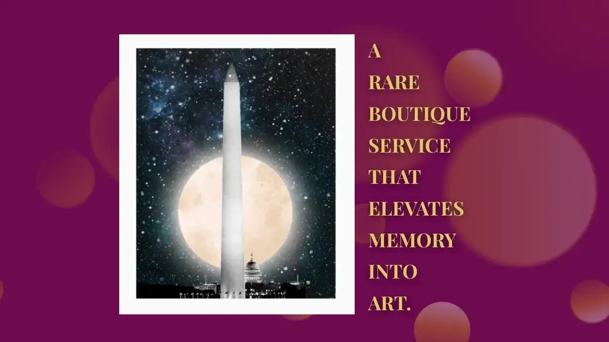 Framed artwork of a monument with a large moon in the background on a purple background with text.