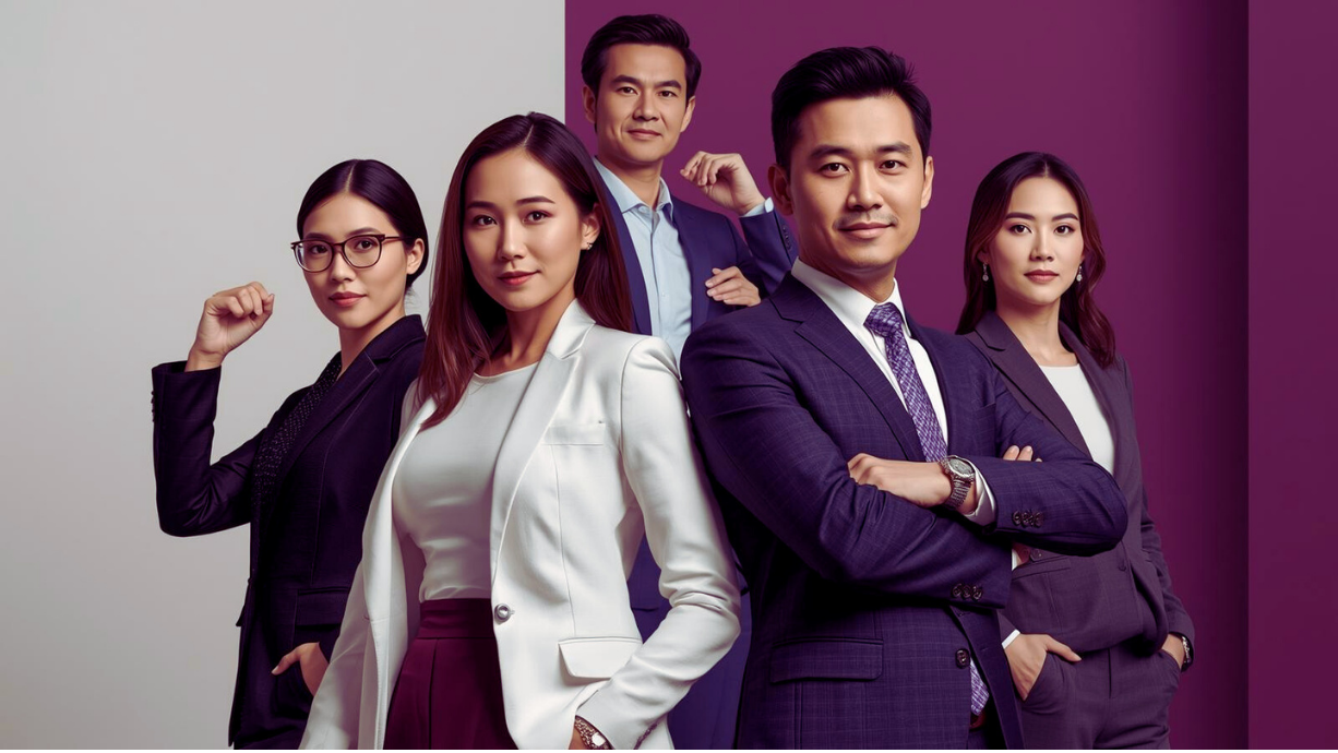 Five professionals in business attire standing against a purple and white background