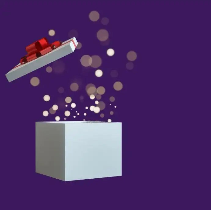 illustration of a gift box with gold bokeh bubbles floating out and the lid floating in air. 