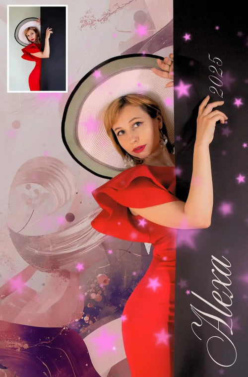 Woman in a red dress with a large hat against a decorative background, with 'Alexia' text.