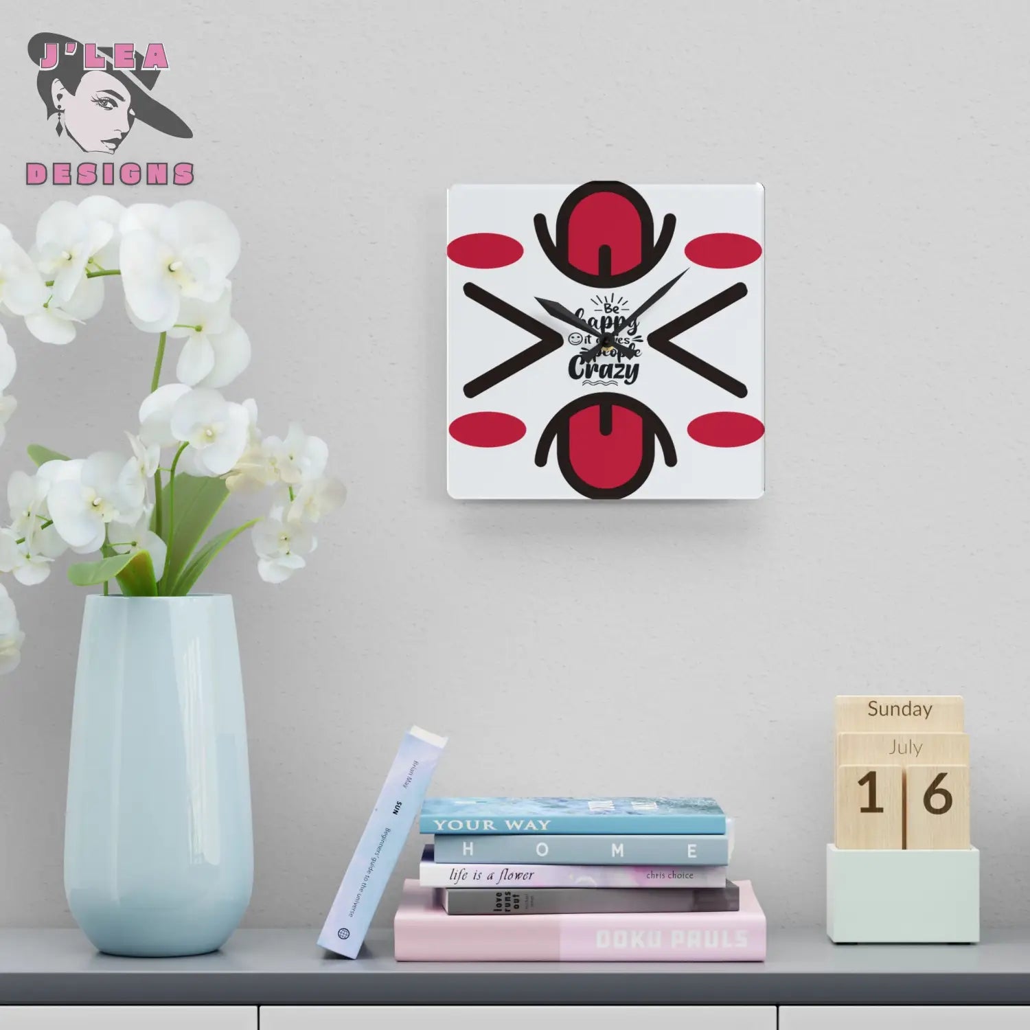 Be Happy - Timekeeper by J’Lea Designs | Square Acrylic Wall Clock - 10.75’’ × 10.75’’ (Square) - Home Decor